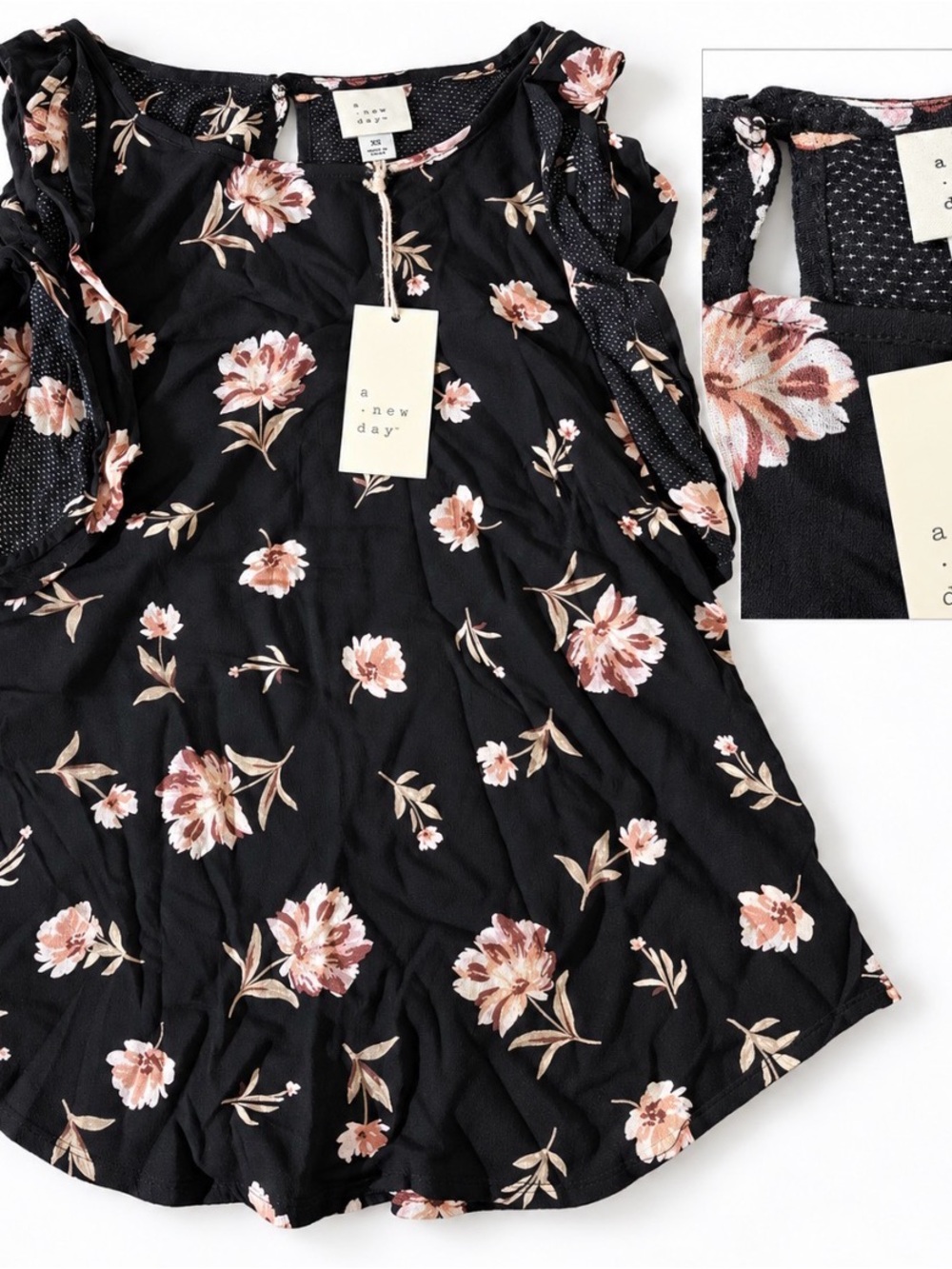 a new day Black Floral Ruffle Sleep Tank with Pink Blossoms